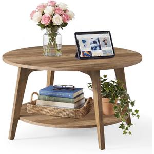 SONGMICS HOME Round Coffee Table, 2 Tier Living Room Center Table, Mid Century Modern Charm, Brown, 31.7"D x 31.7"W x 17.9"H