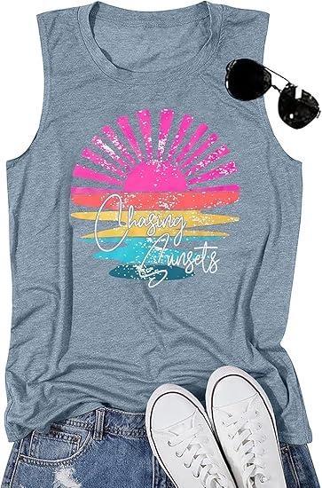 Hawaiian Tank Top Women Chasing Sunset Shirt Hawaii Beach Waves Vest Sunshine Shirts Summer Vacation Sleeveless Tops Blue Size M