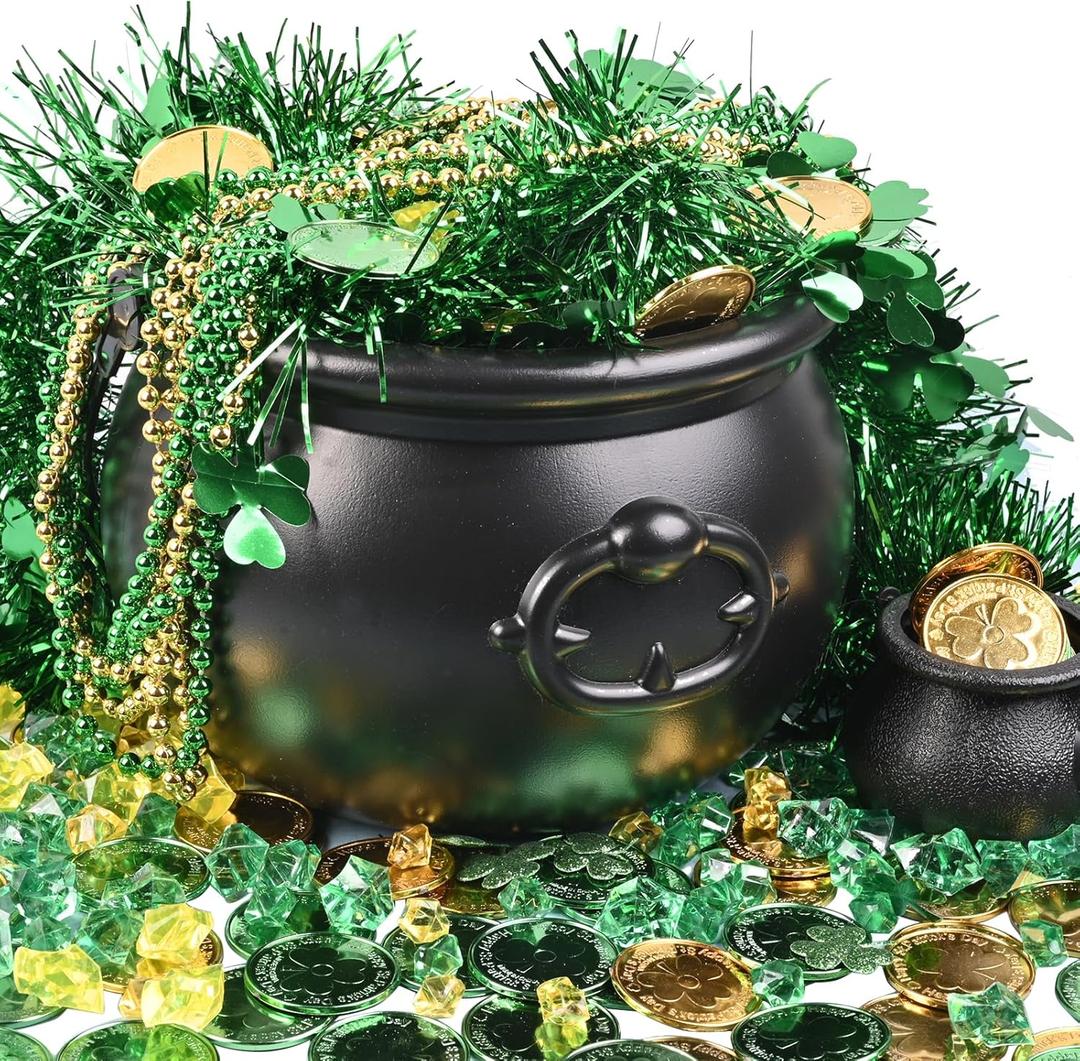 St Patrick's day Decorations Candy Cauldron Kettle Set with Lucky Shamrock Plastic Coins Shamrock Garlands for St Patty Decorations, St. Patricks Day Party Favor