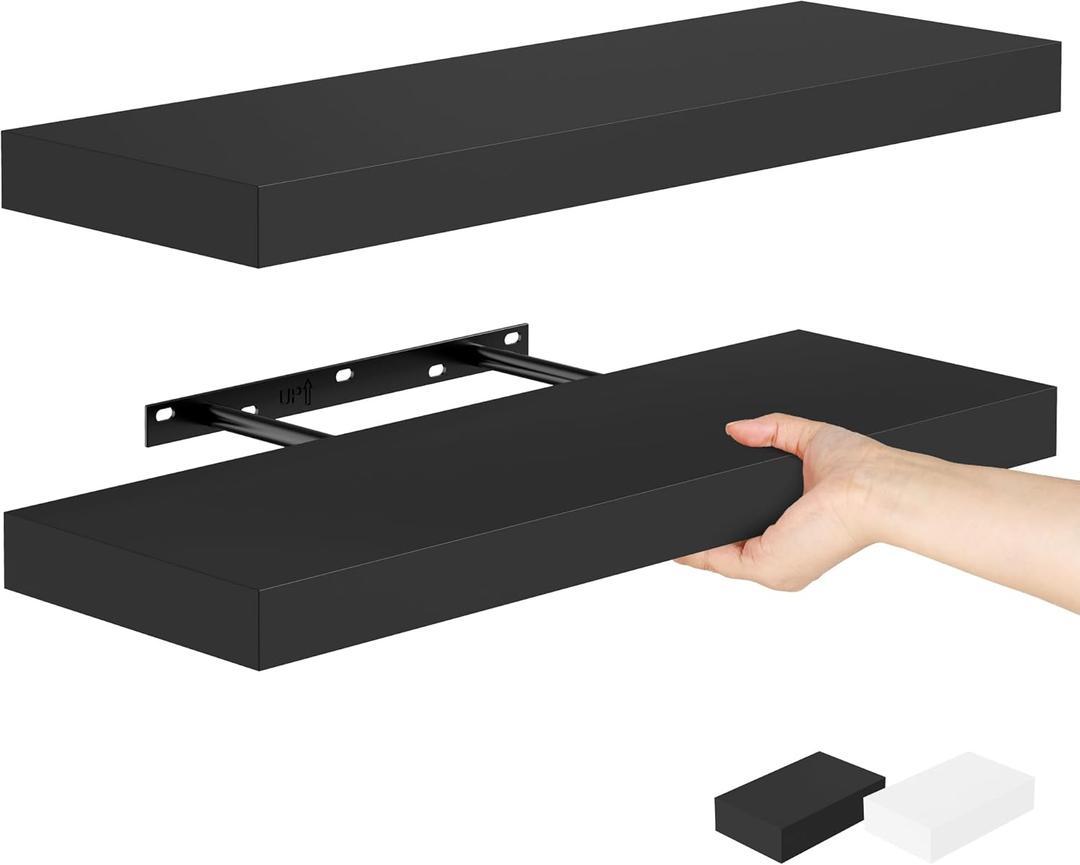 Bellsal 2-Pack Black Modern Floating Shelves, 24" Wall Mounted, Set of 2 Wooden Wall Shelf for Kitchen, Living Room, Bedroom, Bathroom Storage (2 pcs: 23.6*6.7)