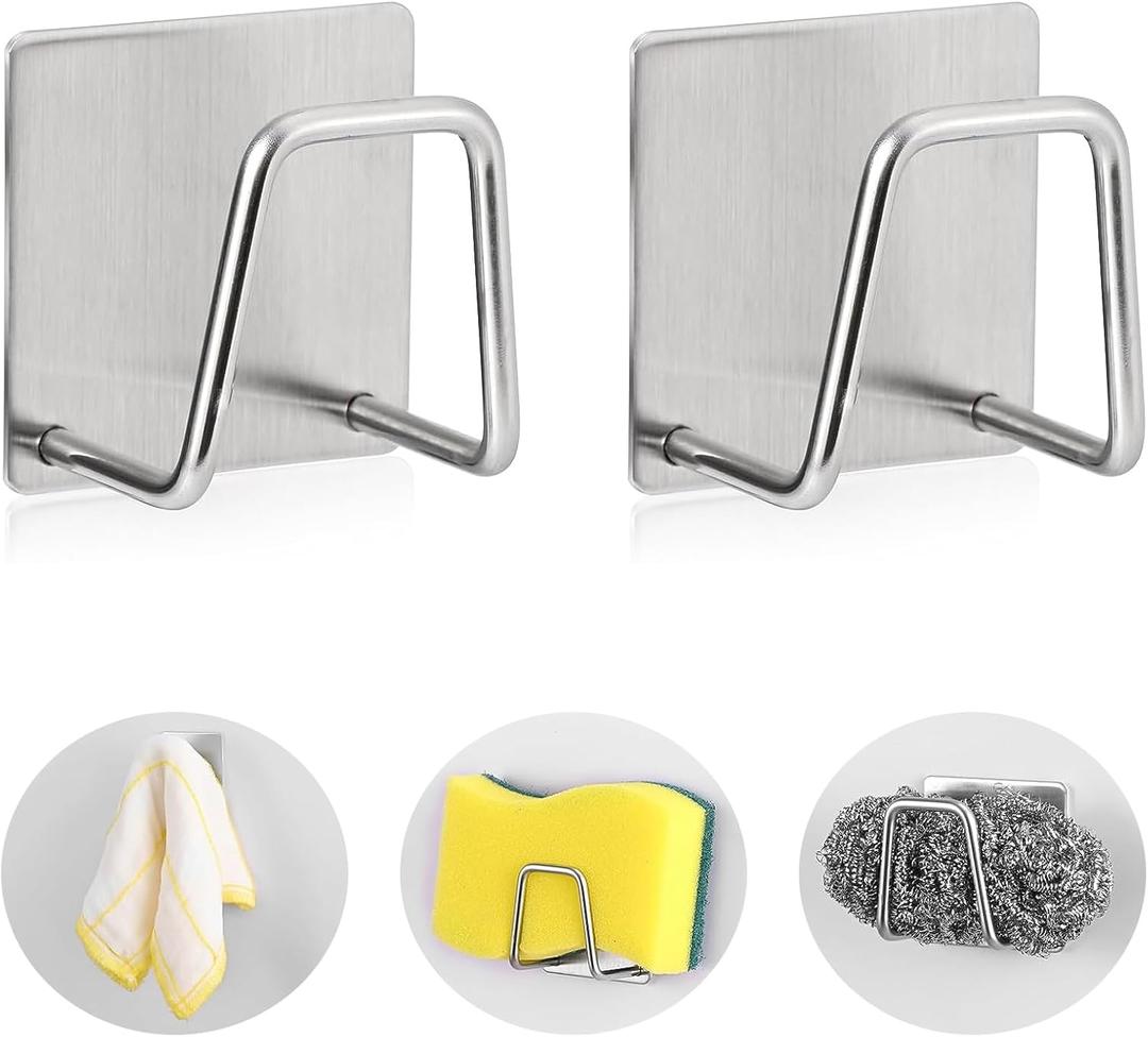2-Pack Stainless Steel Sponge Holder for Kitchen Sink - Rustproof Brushed SUS304 Sponge Caddy Organizer, Wall/Surface Mount, Drainage Design, Clutter-Free Storage