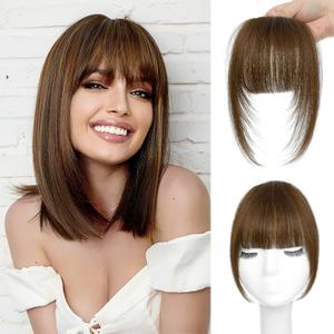 AISI QUEENS Bangs Hair Clip in Bangs Real Human Hair Extensions Fake Bangs Fringe with Temples French Bangs Hair Extensions for Women Clip Curved Bangs for Daily Wear (French Bangs,Medium Brown)