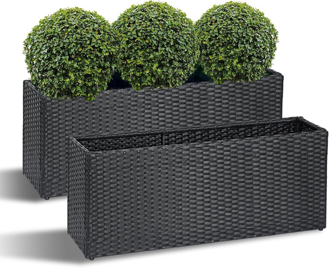 SUNNYPARK Set of 2 Large Rectangular Planter with Removable Liner, All-Weather PE Rattan Modern Planters Indoor Outdoor Flower Plant Pots Garden Box Patio Yard Front Porch Deck (36''x12''x16'', 2 Pack, Black)