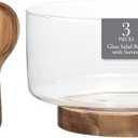 Gibson Elite Wildgreens Large Glass Salad Bowl or Decorative Fruit Bowl Set with Elegant Acacia Wood Base and Acacia Serving Utensils