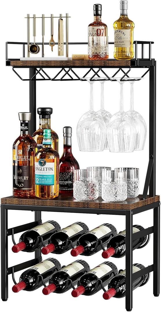 Nuovoware 3-Tier Liquor Cabinet with Wine Rack, Freestanding Liquor Stand with 8-Bottle for Mini Bar, Versatile Wine Rack Freestanding Floor with Tabletop and 8 Glass Holders, Black+Retro Brown