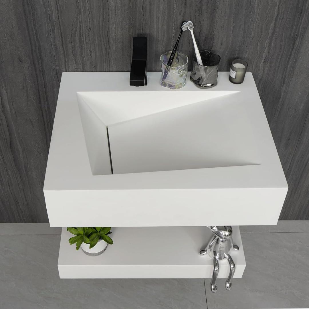 Gesipor 24x19" Wall-Mount Stone Resin Bathroom Sink Rectangular Vessel Sinks for Bathroom Floating Vanity Sink Trough Modern Art Basin with Shelf Layer (Matte White)