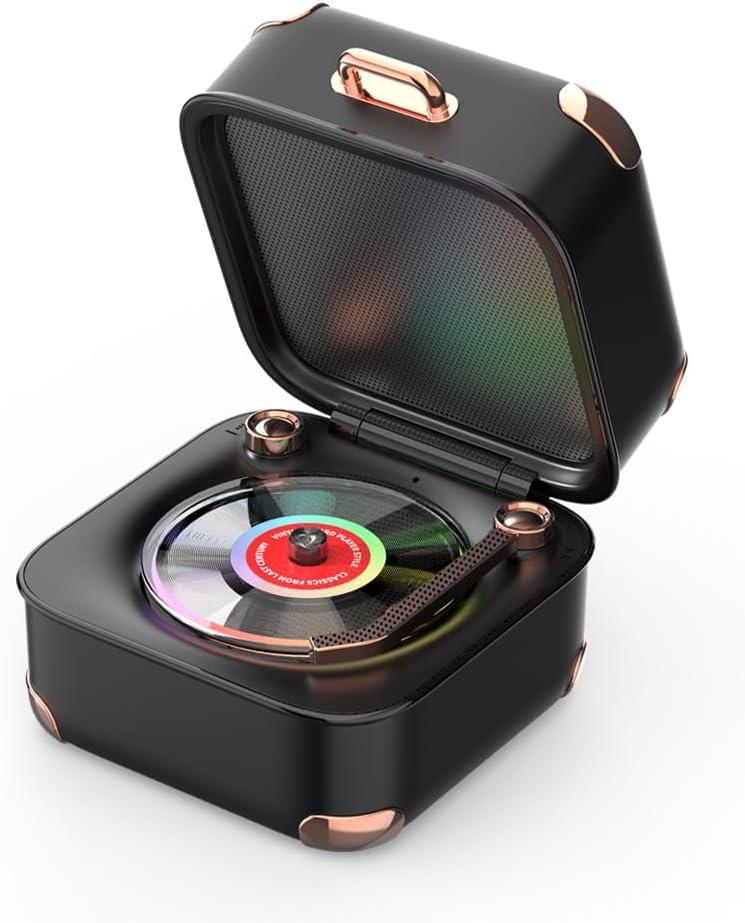 Vintage Vinyl Speaker with Colorful Lights, Music Player with 3 Modes, Bluetooth Speaker for Kids Room, Home Decor, Bedroom, Compatible with Computers & Phones (Black)
