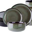 LeRatio Ceramic Dinnerware Sets for 6,Porcelain Plates and Bowls Sets,Handmade Reactive Glaze Dishes Set,Chip Resistant and Scratch Resistant | Oven&Dishwasher & Microwave Safe-Green(18PCS) (Service for 6 (18 Pcs), Modern-Dark Green)