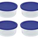 Pyrex Storage 4 Cup Round Dish, Clear with Blue Lid - Original Genuine Pyrex - Pack of 4 Containers