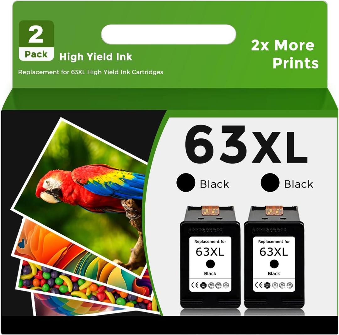 63XL Black Ink Cartridge Replacement for HP 63 XL 2 Pack for HP63 HP63XL for 4650 3830 5255 4520 4655 5222 5200 5258 5212 3632 5252 4652 4510 3631 3630 1112 2130 4512 2132 3634 5260 3833 4654