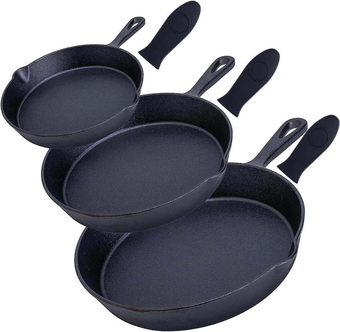 Bruntmor 6, 7.5, 10 Inches Black Pre-seasoned Cast Iron Frying Pan Set of 3, Oven Safe Cast Iron Skillet, Cast Iron Grill Pan Set, Nonstick Cookware And Bakeware For Casserole Dish