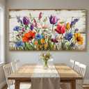 Sorbrozo Floral Wall Art Rustic Wood Background with Tulips Daisies Poppies Colorful Wildflower Canvas Print 24x48in