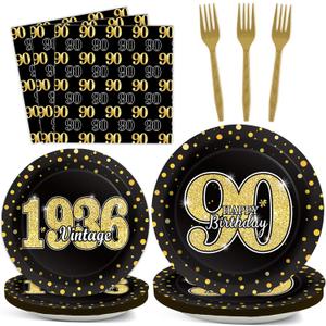 200PCS 90th Theme Birthday Party Tableware Vintage 1936 Party Supplies 90 year old Birthday Party Decorations Plates Napkins Forks Black and Gold Dinnerware Favors for Men or Women