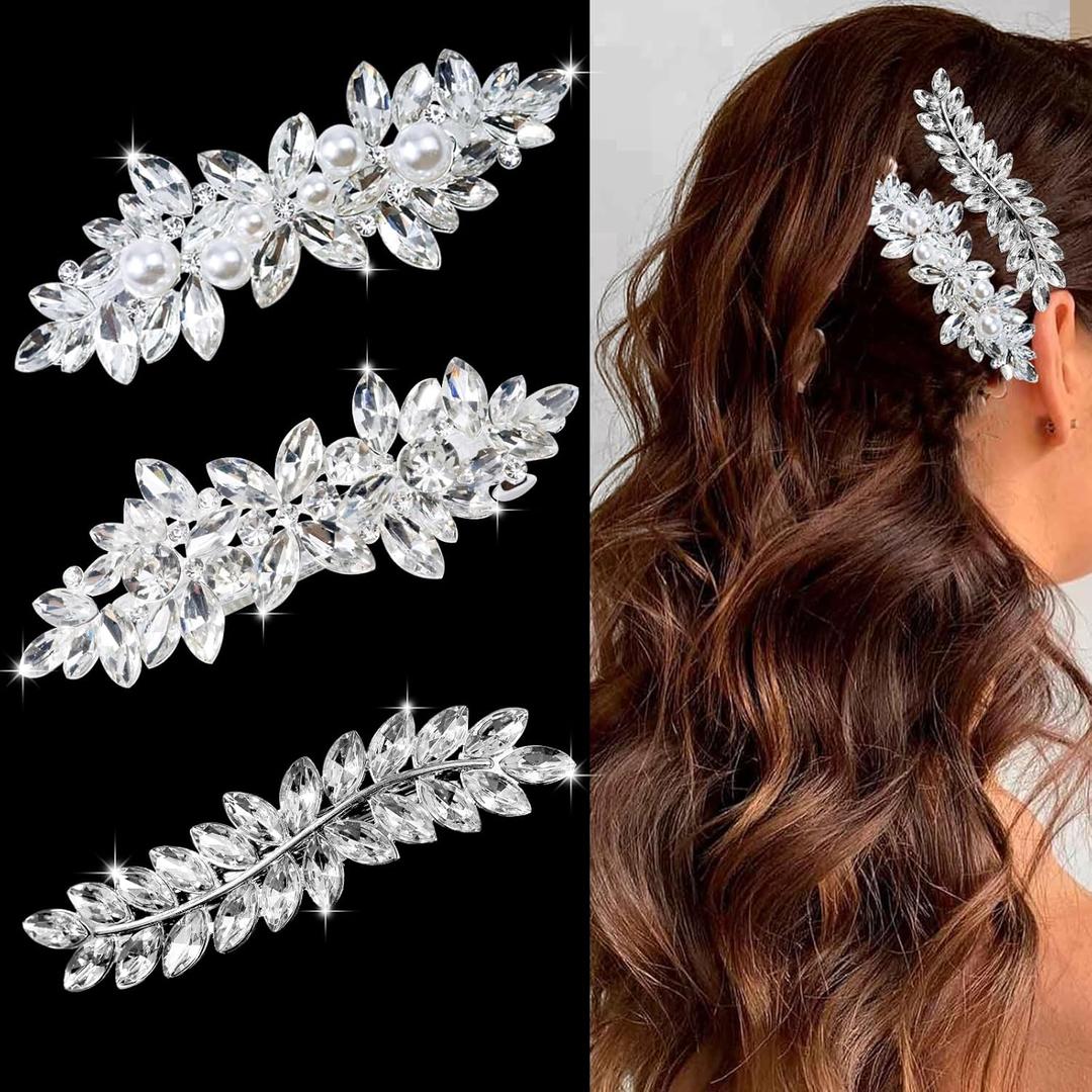 3 Pieces Rhinestone Bridal Hair Clips Leaf Wedding Hair Pins Crystal Bobby Pins Silver Hairpin Jewelry Barrette for Brides Bridesmaids Flower Girls (Crystal Style)