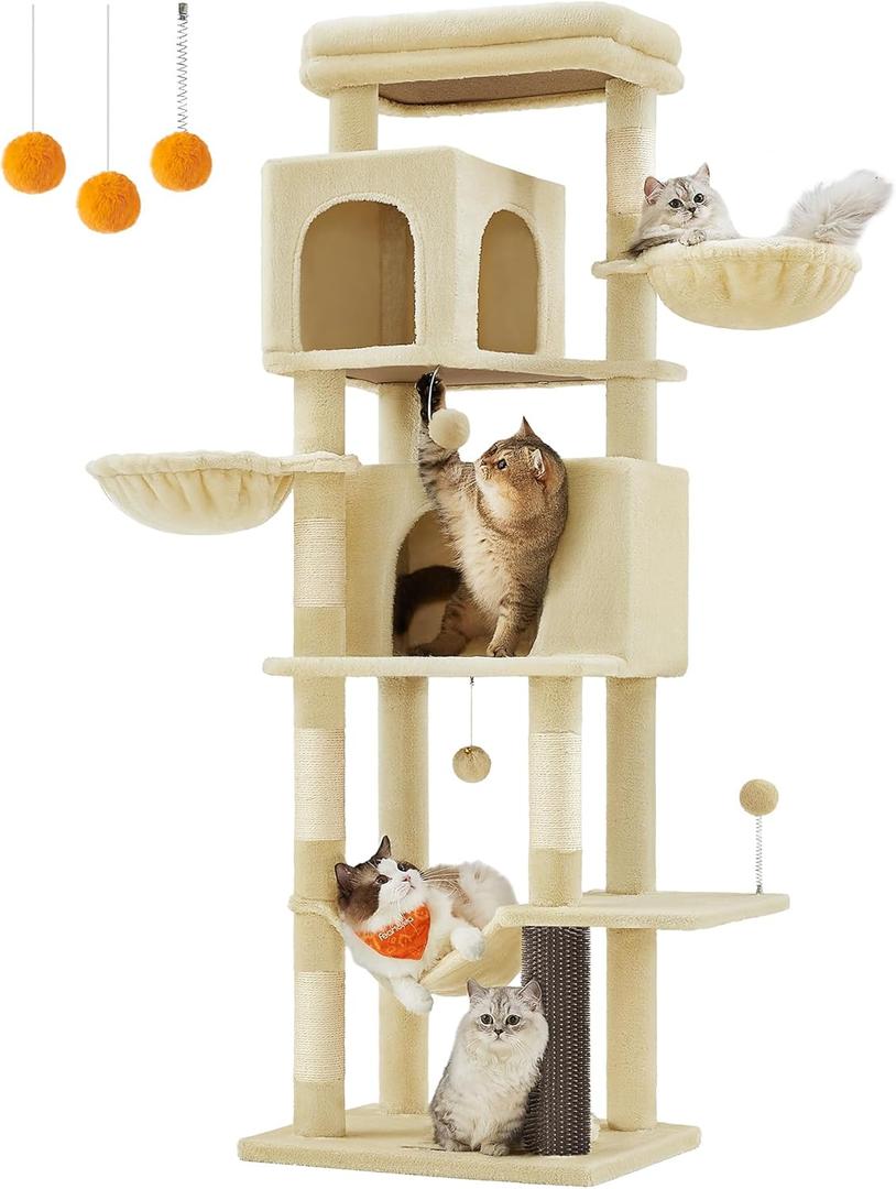 Feandrea Cat Tree, 69-Inch Tall Cat Tower for Indoor Cats, Multi-Level Cat Condo with 2 Caves, 2 Baskets, 5 Scratching Posts, Self-Groomer, Perch, Hammock, Sand Beige UPCT182Y01