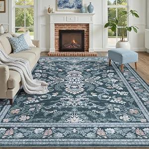 DCX Navy Blue 9x12 Area Rug, Machine Washable Non Slip Stain Resistant Soft Vintage Floral Rug, for Living Room, Bedroom, Dining Room, Soft Low Pile Large Carpet