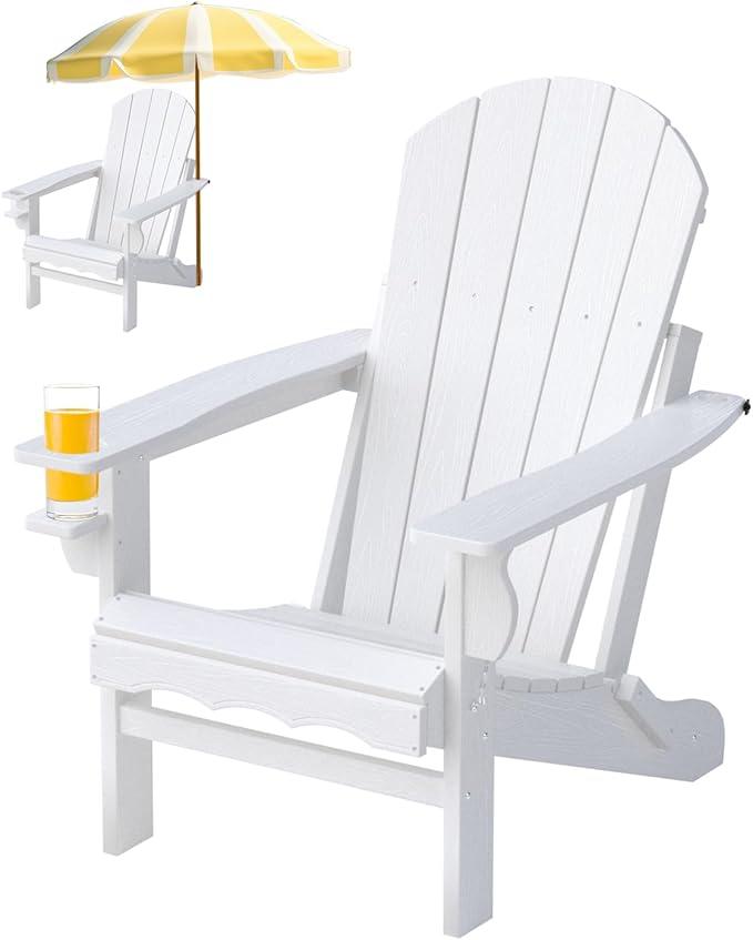 Adirondack Chairs, Folding Adirondack Outdoor Chair with Cup Holder, Wood Texture Fire Pit Chairs for Lawn, Patio Garden and Deck, White