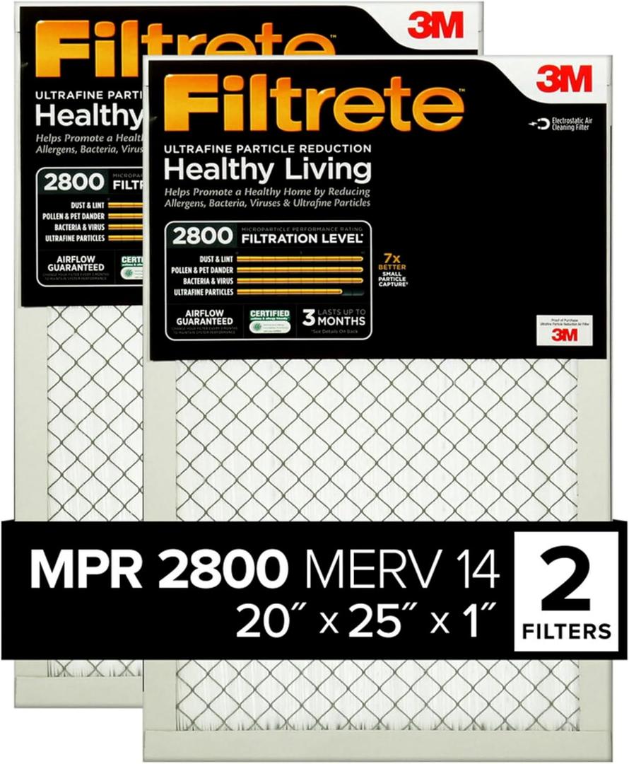 Filtrete 20x25x1 Air Filter, MPR 2800, MERV 14, Healthy Living Ultrafine Particle Reduction 3-Month Pleated 1-Inch Air Filters, 2 Filters