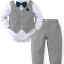 DISAUR Baby Boy Clothes Toddler Boy Outfits 4PCS Gentleman Dress Romper/Vest/Pants/Bow Tie Cotton Suit Sets (6-9 Months, Grey)
