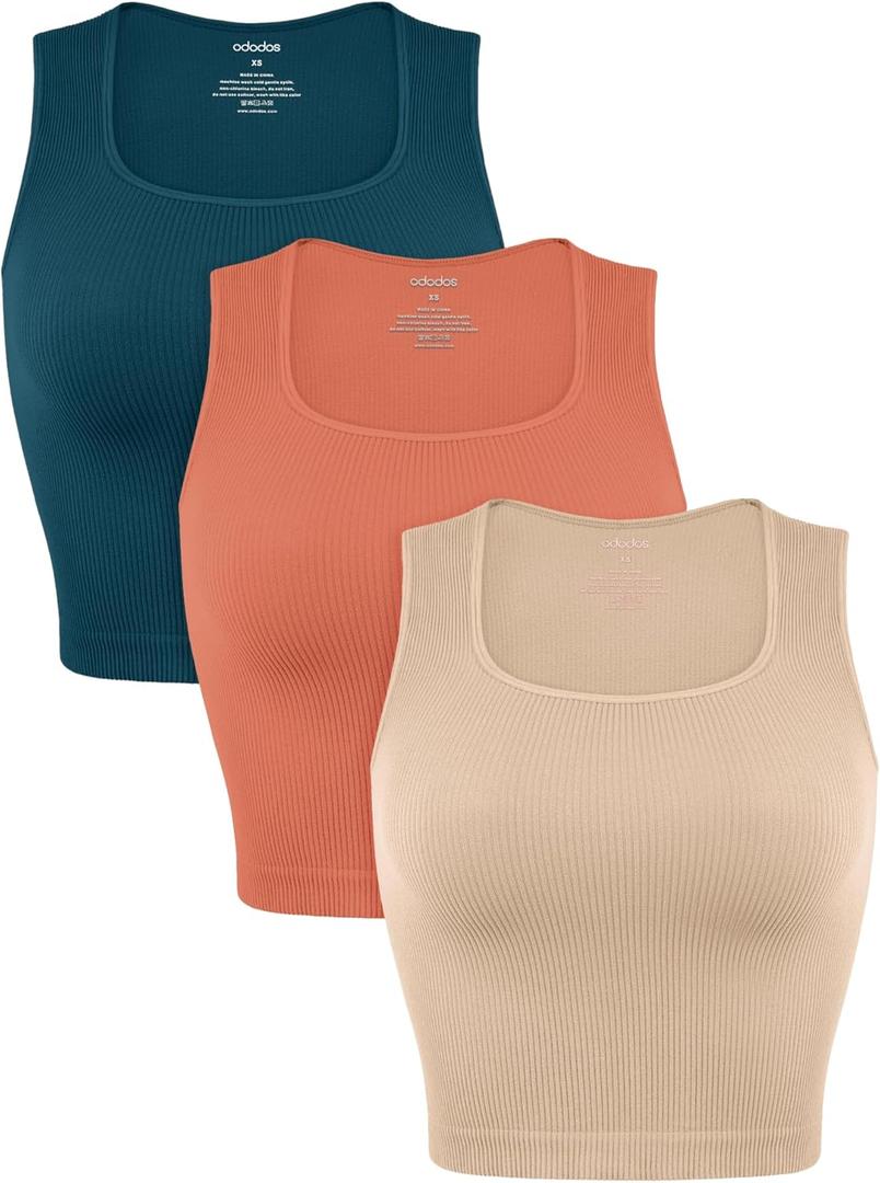 ODODOS Seamless Square Neck Tank for Women Ribbed Soft Sleeveless Longline Crop Tops (X-Small, Beige+coral+teal)