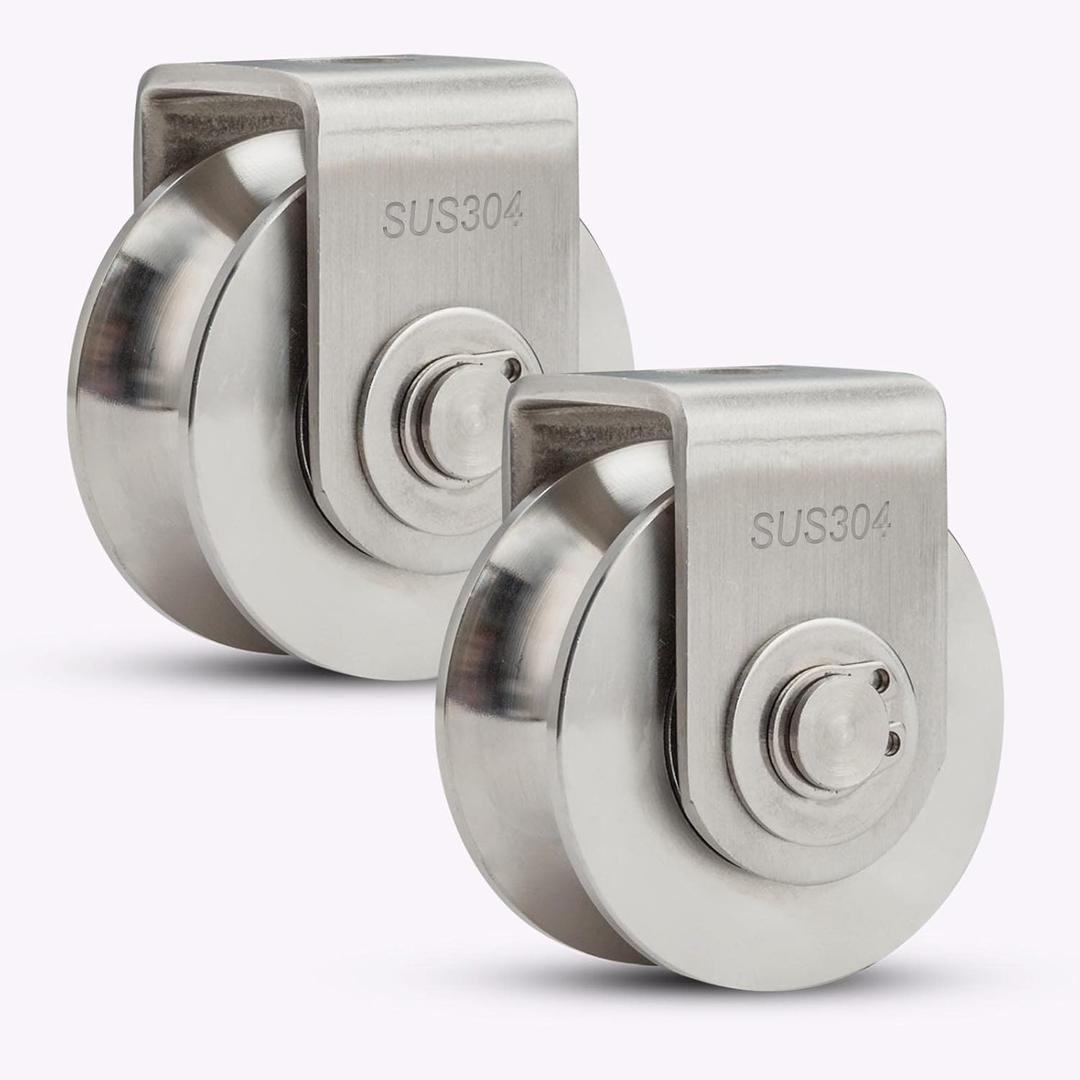 2Pack Pulley Block U 304 Stainless Steel Pulley Roller, 2 Inch Heavy Duty Duplex Bearing Silent Grooved Wheel Loading 880lb/400Kg for Material Handling and Moving