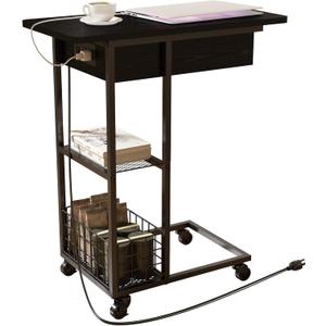 LIDYUK C Shaped End Table with Charging Station, Flip Top Side Table with USB Ports and Outlets, C Table Sofa Table with Storage Shelf for Living Room, Bedroom, Black