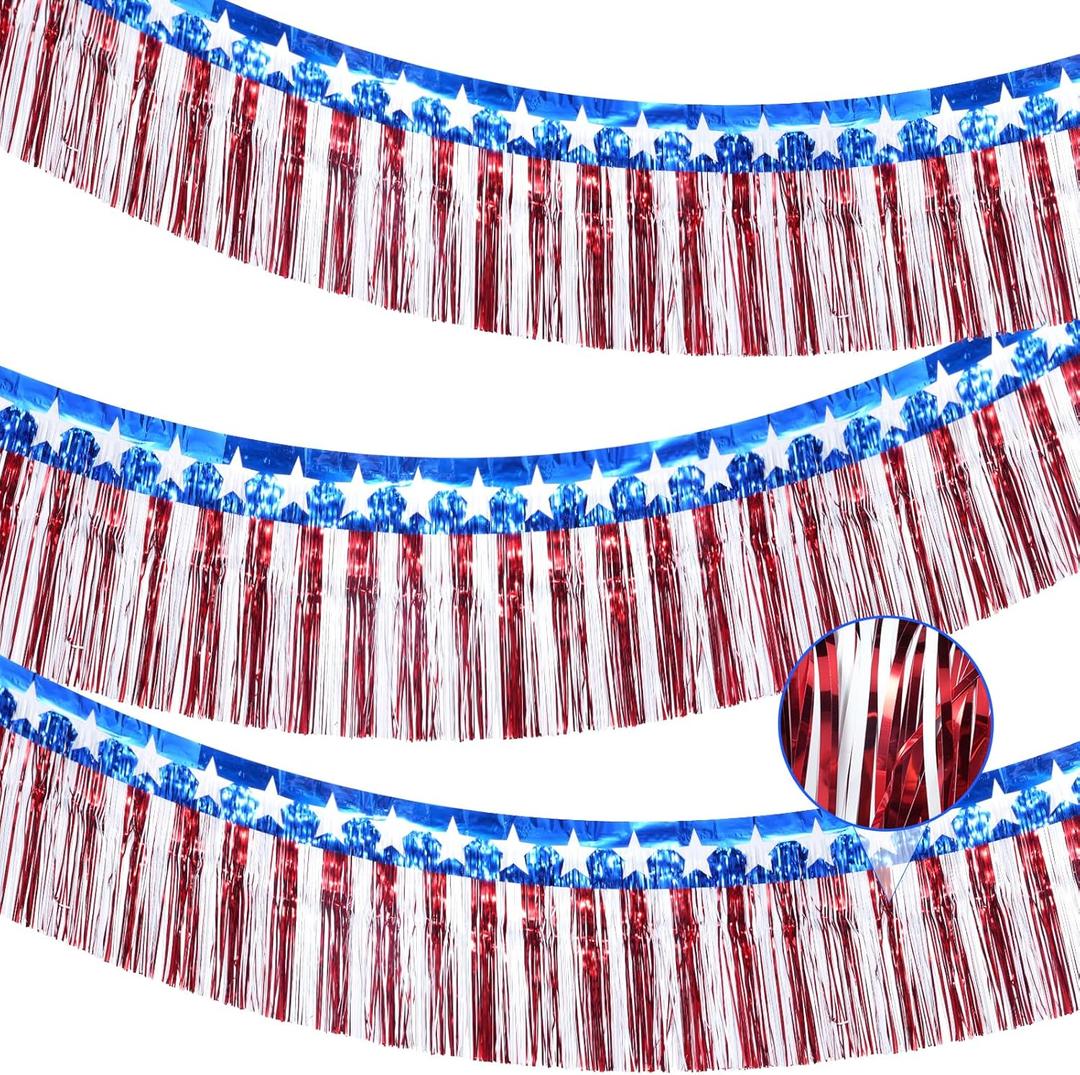 3Pack 30ft 4th of July Decorations Banner USA Stars Foil Fringe Garland Tinsel Streamers Red White and Blue Flag for Independent Memorial Veterans Day Patriotic Party USA 250 Anniversary Decorations