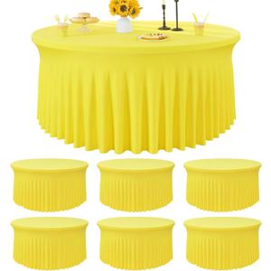 6 Pack Yellow Spandex Round Tablecloths for 72 inch Table, Wrinkle Free Stretchy 132inch Fitted 6FT Round Table Cover with Skirt for Wedding Party Dining Banquet