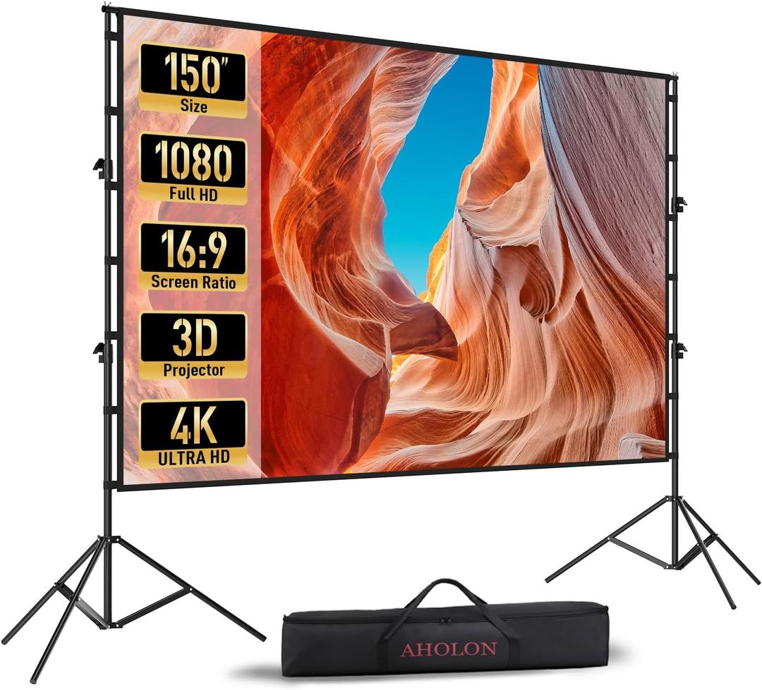 Projector Screen with Stand - 150 Inch Projector Screen Outdoor Indoor Projector Screens 16:9 4K HD Outdoor Movie Screen with Carry Bag, Enioy Home Theater Projection Screen