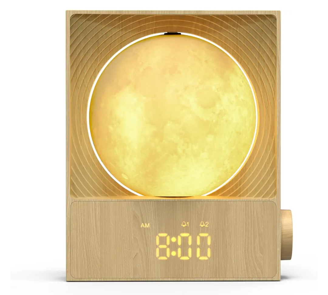 Sunrise Alarm Clock, 360-Degree Rotating Moonlight & 10 White Noise Sounds, Dual Alarm & Snooze for Heavy Sleeper, Timer, Wooden Bedroom Light Gift - Wood