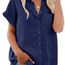 Women's Button Down Casual Shirts Cotton Short Sleeve Blouses Solid Summer Tops with Pocket (X-Large, Navy Blue)