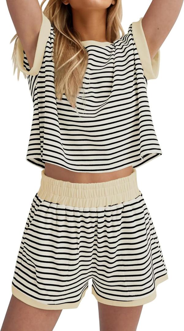 MISSACTIVER 2 Piece Lounge Set Women Stripe Knit Short Sleeve Tee Shirts Shorts Casual Summer Loungewear Shorts Sets (White, M)