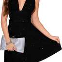 Sexy Deep V Neck Halter Glitter Bodycon Dress Sparkling Sleeveless Cocktail Party Dress Backless Women's Evening Clubwear (Black, S)