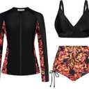 JASAMBAC Women 3 Piece Rash Guard Long Sleeve Zip Up Swimsuits with Boyshort UV UPF 50+ Swim Shirt Built in Bra (Medium, Black-orange Flower)