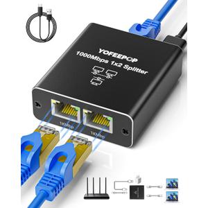Gigabit Ethernet Splitter 1 to 2, LAN Cable Splitters High Speed 1000Mbps RJ45 Ethernet Switch with USB C Power Cable for Cat5/5e/6/7/8 Cable