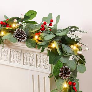 2 PCS 9ft Prelit Artificial Eucalyptus Christmas Garland, Multi-Color Lights/Battery Operated, Lighted Christmas Garland for Mantle Table Stairs Railing Xmas Indoor Outdoor Decoration