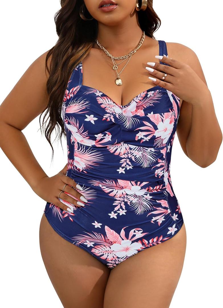 Women Plus Size Bathing Suit Tummy Control Womens Swimsuits One Piece Plus Size Swimsuits Vintage Swimwear (01 Pink-blue Print) 4XL