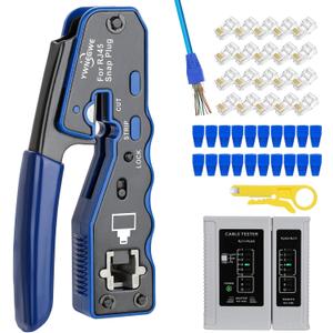 RJ45 Crimp Tool Kit Pass Thru Ethernet Crimper for Cat5e Cat6 Cat6a 8P8C Modular Connectors, All-in-One Cat6 Crimping Tool and Tester(9V Battery Not Included)