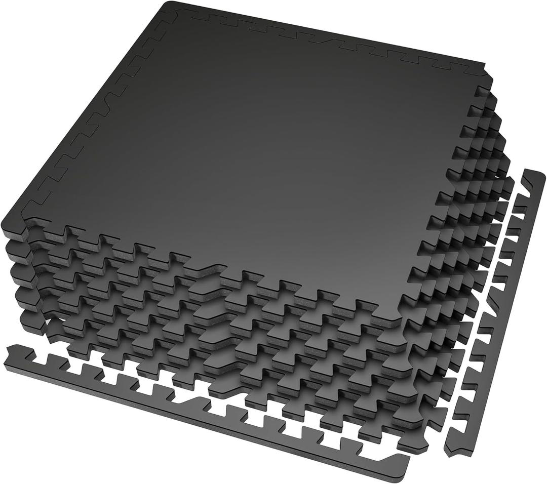 SUPERJARE 0.56'' Thick 6 Pcs 24 Sq Ft Rubber Top Exercise Equipment Mats, High Density EVA Foam Mats with Rubber Top, Interlocking Gym Flooring for Home Gym, Protective Workout Mat, Black