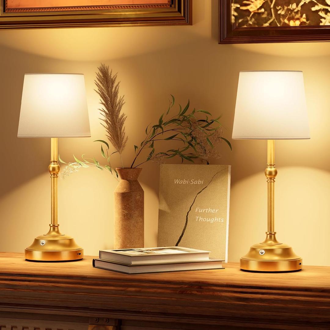 VOLISUN Cordless Table Lamp, 2 Pack 5200mAh Battery Operated Lamp, Touch Dimmable Wireless Lamp Bedside Light for Bedroom, Living Room, Dining Room (Gold)