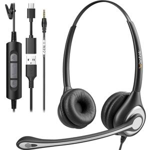 USB Headset with Microphone for PC, Computer Laptop Headset with Call Answer Button for MS Teams & IP Phones, Lightweight Design & Memory Foam Cushions for All-Day Comfort (Black) (602F)