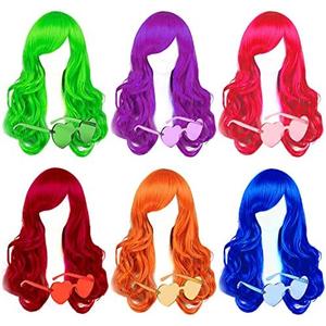 SHENJIPPC Long Colored Wigs - 6 Pack Wavy Neon & Curly Color Wigs for Women - Come with Extra Neon Glasses - Bachelorette Party Favors (Blue, Green, Orange, Purple, Pink, Wine Red)