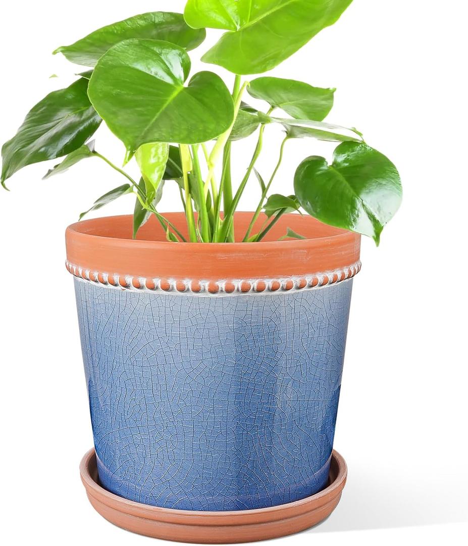 KERUITA 8 Inch Ceramic Plant Pot with Drainage and Saucer  Crackle Glaze Blue, Large House Plant Pot, Planters for Indoor Plants, Pots for Indoor Plants, Decorative Ceramic Pot for Home & Office