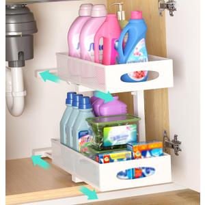 Under Sink Organizer, 1 Pack 2 Tier Metal Slide Out Pull Out Cabinet Organizer Shelf, Height Adjustable Organization and Storage Series, Bathroom/Desktop/Cabinet/Kitchen organization, White