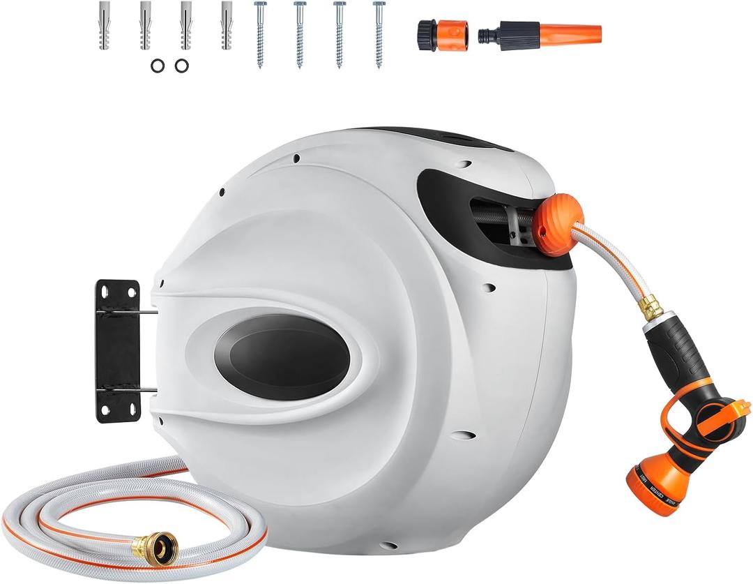 Happybuy Retractable Hose Reel, 115ft x 1/2" Wall-Mounted Garden Hose with 180 Swivel Bracket, 9-Pattern Nozzle, Automatic Rewind, Lock at Any Length, Slow Return System