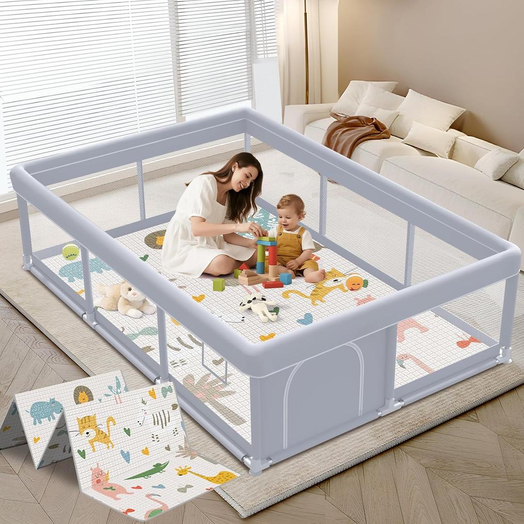XVISHX Baby Playpen with Mat, 74 x 50 Inch Playpen for Babies and Toddlers, Baby Playard for Indoor & Outdoor Active Center Game Fence, with Skin-Friendly Fabric and Soft Breathable Mesh, Grey