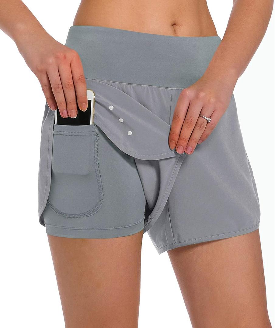 Ksmien Women's 2 in 1 Running Shorts - Lightweight Athletic Workout Gym Yoga Shorts Liner with Phone Pockets, X-Large, Light Grey