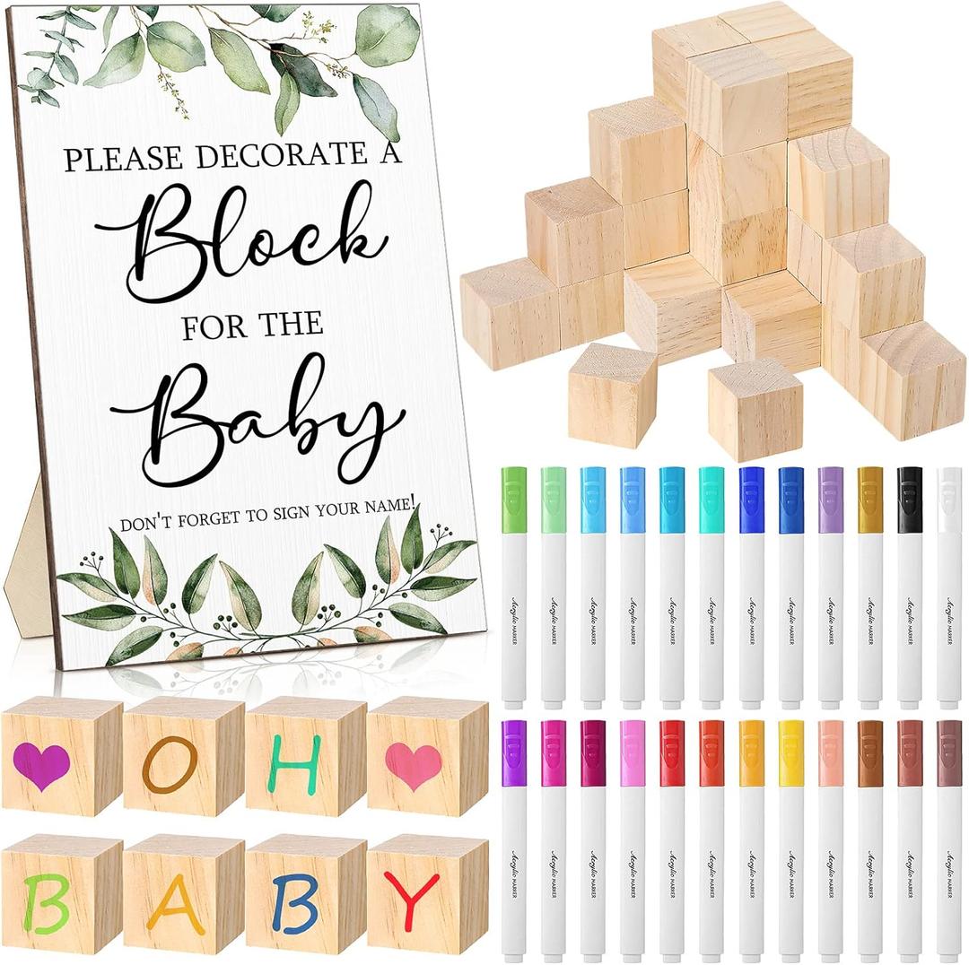 Tatuo 75 Pcs Baby Shower Party Decorate a Block Games Kit Including Decorate Game Sign 50 DIY Wooden Block 24 Acrylic Paint Marker Baby Shower Prize for Gender Reveal Game(Greenery)