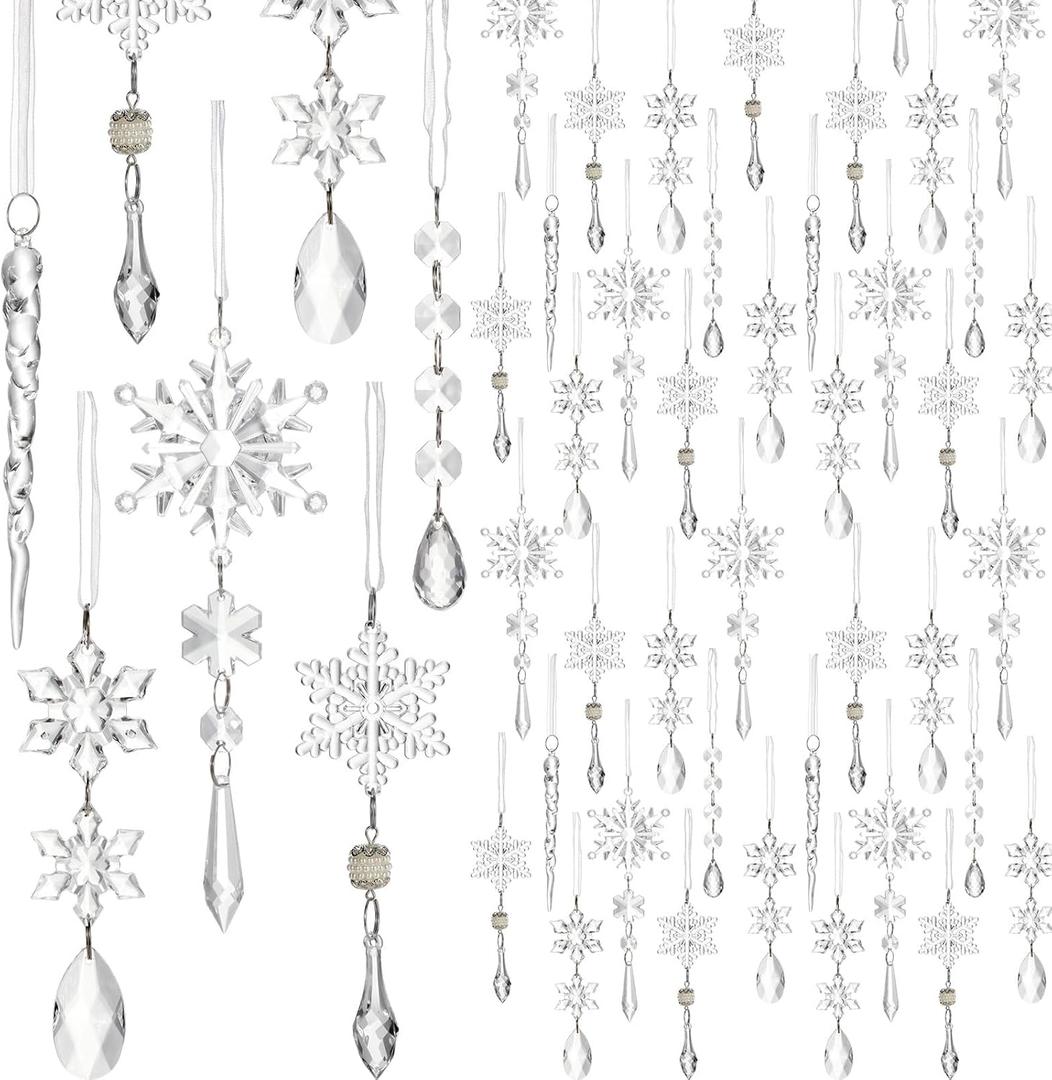 Syhood 100 Pcs Crystal Christmas Ornaments Hanging Christmas Tree Decorations Clear Acrylic Snowflake and Icicle with Drop Pendants for Xmas Winter New Year Party Supplies Home Decor