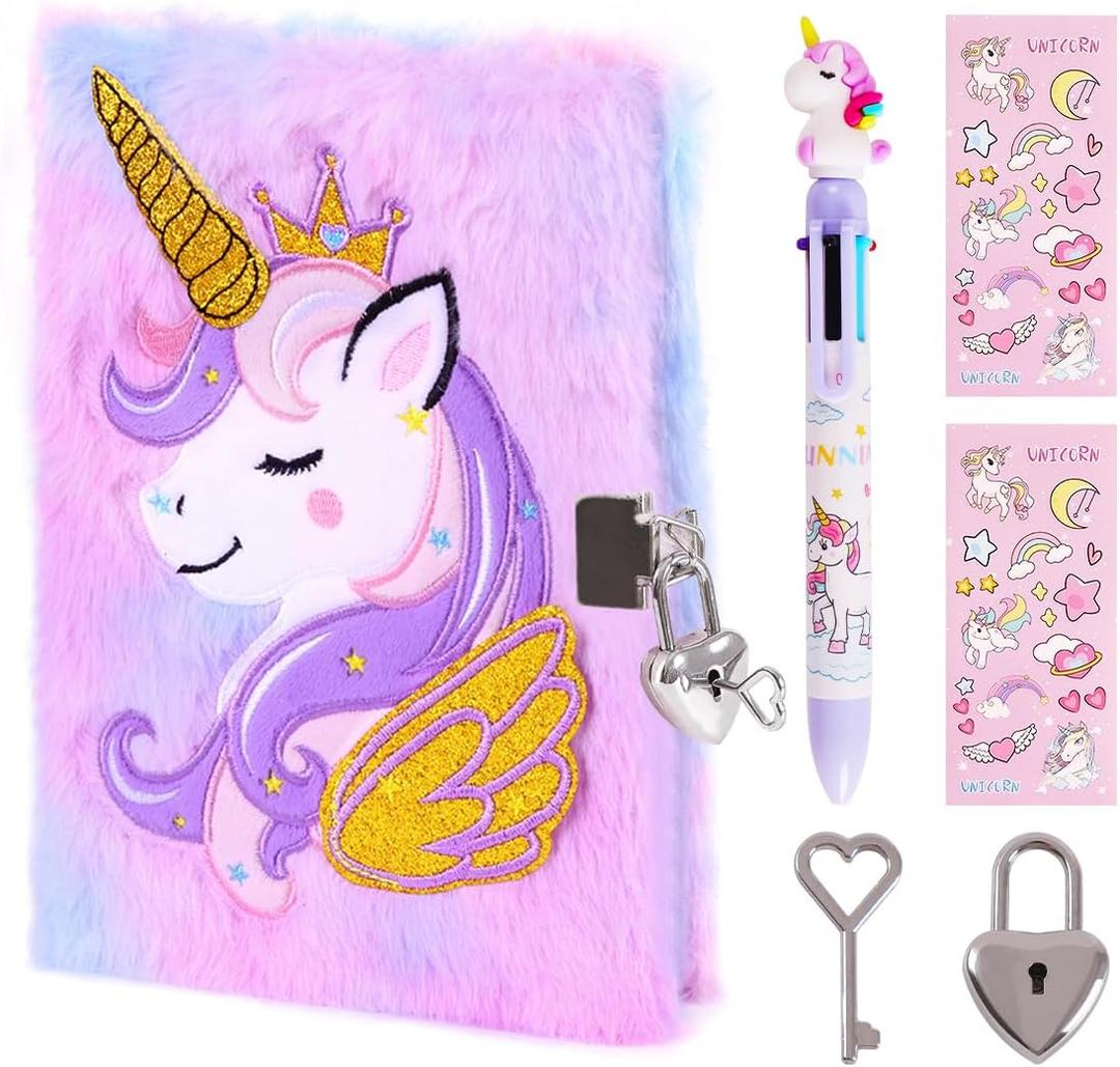 Unicorn Diary with Lock for Girls,Cute Plush Journal Notebook Set for Kid with Stickers,Fluffy Secret Notebook for Writing and Drawing Gifts for Girls ages 6-8